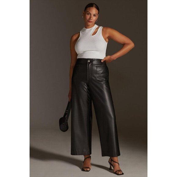 NWT Anthropologie Colette Cropped Wide-Leg Faux Leather Pants 24W Black - Picture 1 of 10
